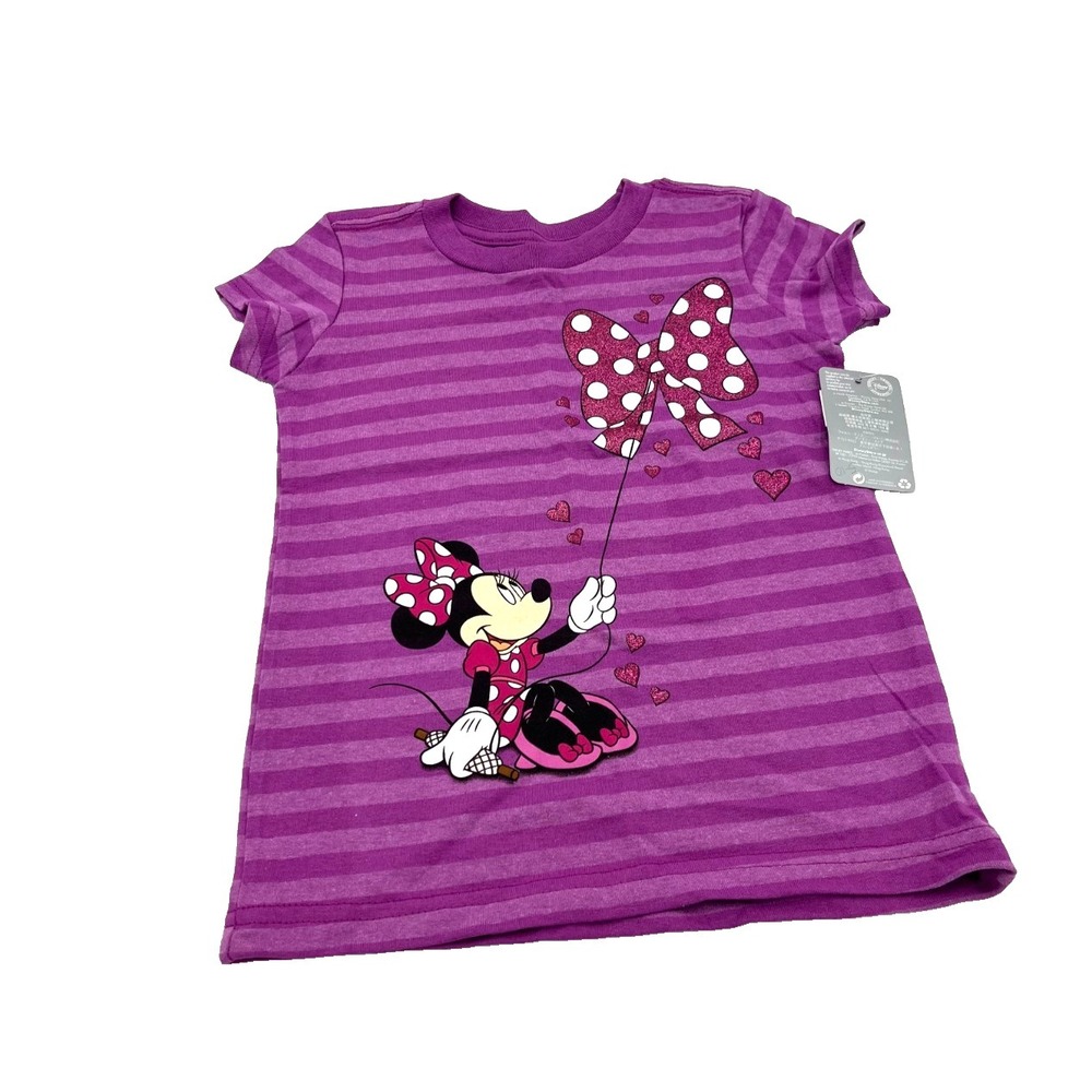 Disney Store Minnie Mouse Girls T-Shirt Glitter Bow Purple S(5/6) New‎